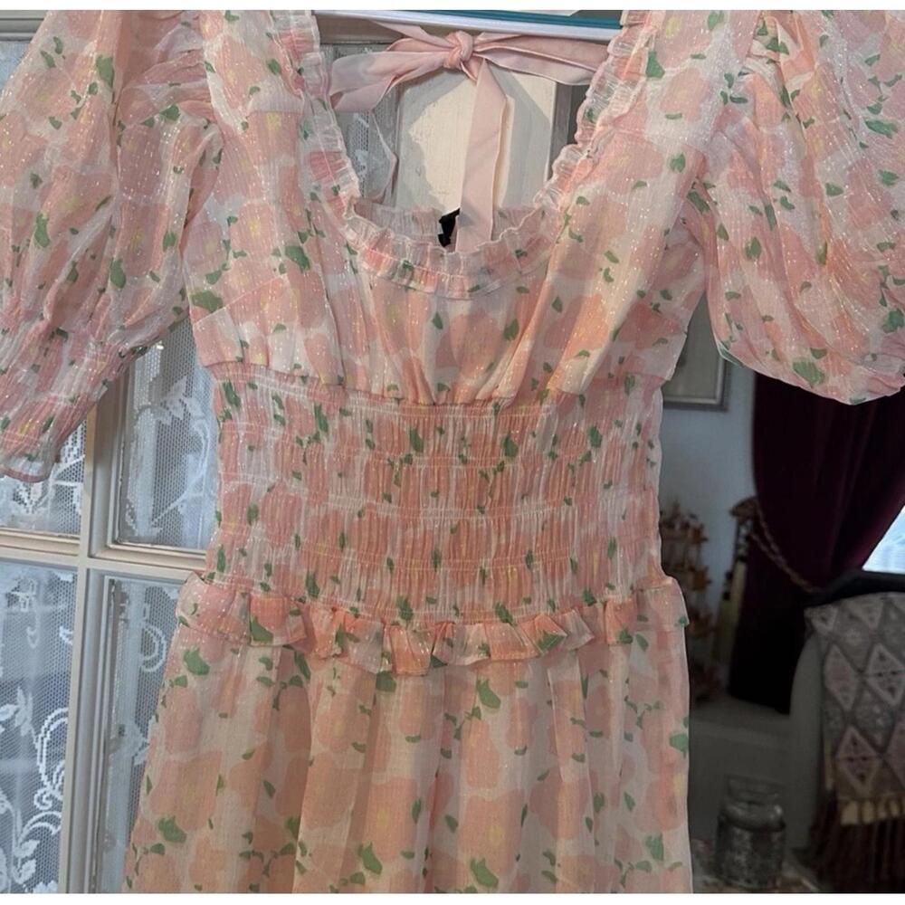 SISTER JANE Puff Short Sleeve Shirred Floral Long Dress Blush Floral Size Small - Picture 7 of 9